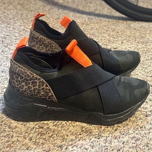 Steve Madden Black and Leopard Slip-On Sneakers with Orange Highlights